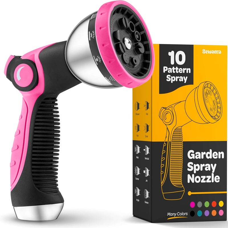SEWANTA Hose Nozzle [Pink] Heavy Duty Hose Sprayer With 10 Adjustable Watering Patterns. Thumb Control Design, Comfortable Ergonomic Grip, Garden Hose Nozzle for Watering Plants & Lawns/Fun showers/Cleaning - Image 1